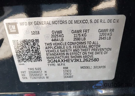 2019 Chevrolet Equinox Ls z USA, uszkodzony, nr VIN 3GNAXHEV3KL262580